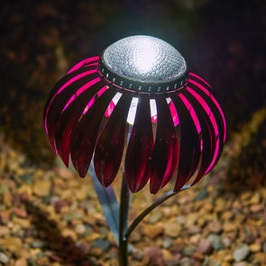 Pink Coneflower Solar Light, lit up in yard