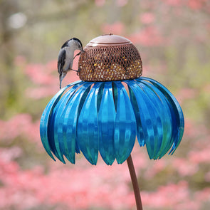 Blue Coneflower Bird Feeder with one bird eating