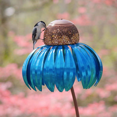 Blue Coneflower Bird Feeder with one bird eating