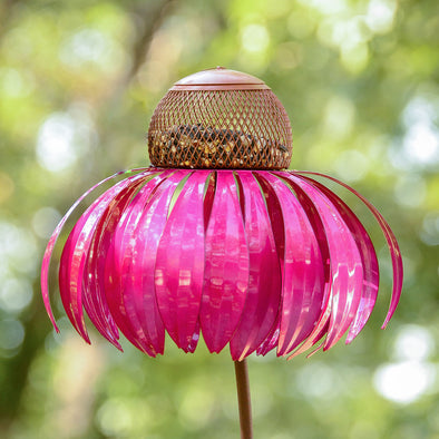 Pink Coneflower Bird Feeder with green outdoor background