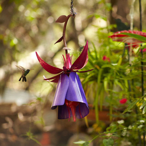 Fuchsia Hummingbird Feeder hanging in garden