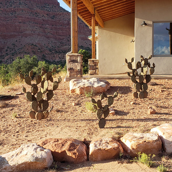 Three Prickly Pear Sculptures in landscape bed next to house