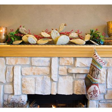 Prickly Pear Mantel Sculpture on fireplace Mantel with stocking