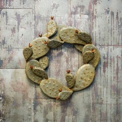 Prickly Pear Wreath hanging on metal door