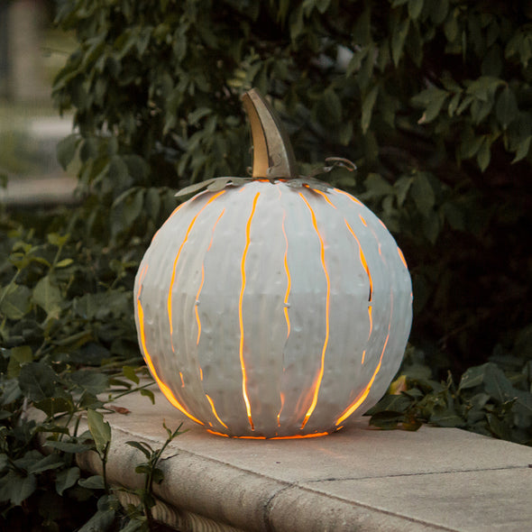 White steel Pumpkin Luminary on porch