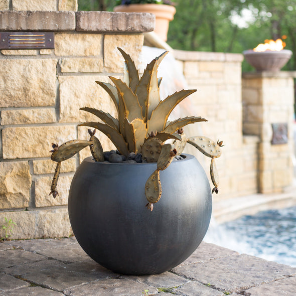 Pot with steel agave and prickly pear next to pool